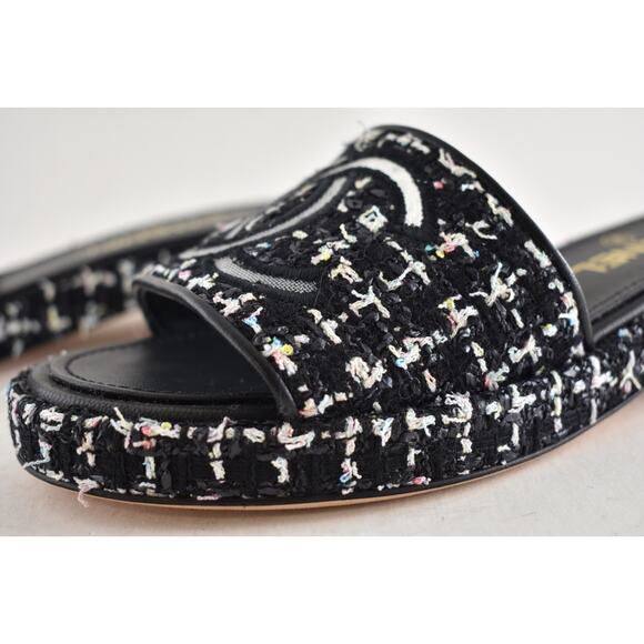 Chanel 20P Black White Tweed Mesh CC Logo Slide Slip Sandal Mule Heel Flat 36.5 - Picture 11 of 14